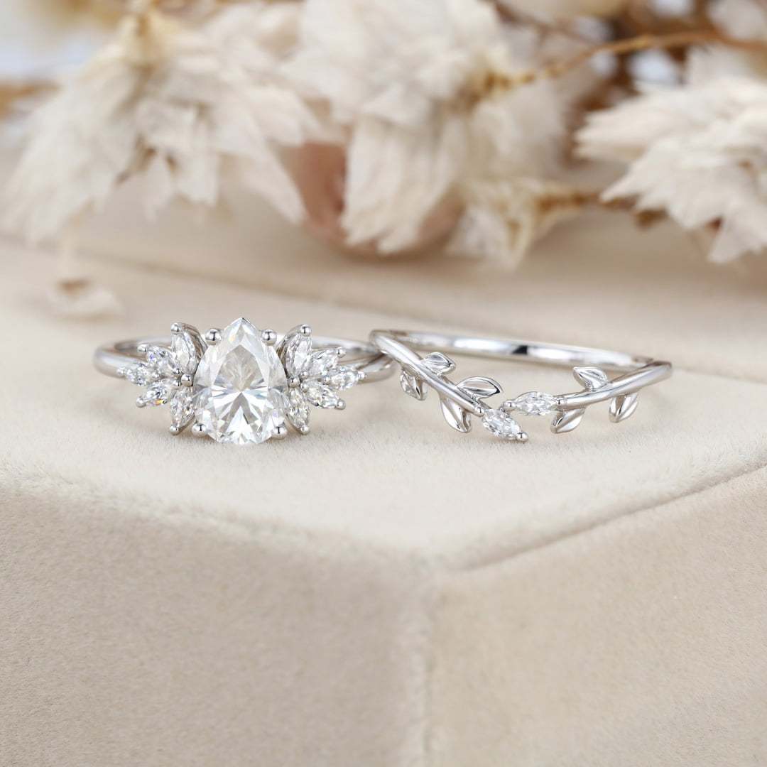 Pear shaped Moissanite engagement ring set Women white gold engagement ring Vintage marquise cluster engagement ring Bridal Promise gift