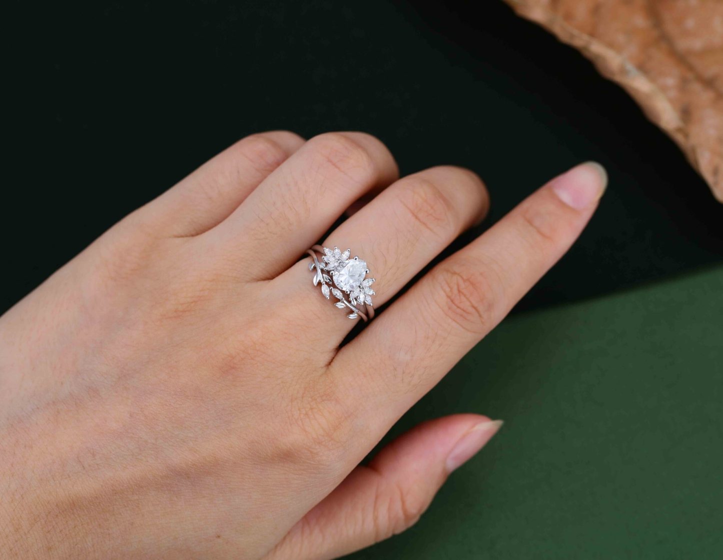 Pear shaped Moissanite engagement ring set Women white gold engagement ring Vintage marquise cluster engagement ring Bridal Promise gift