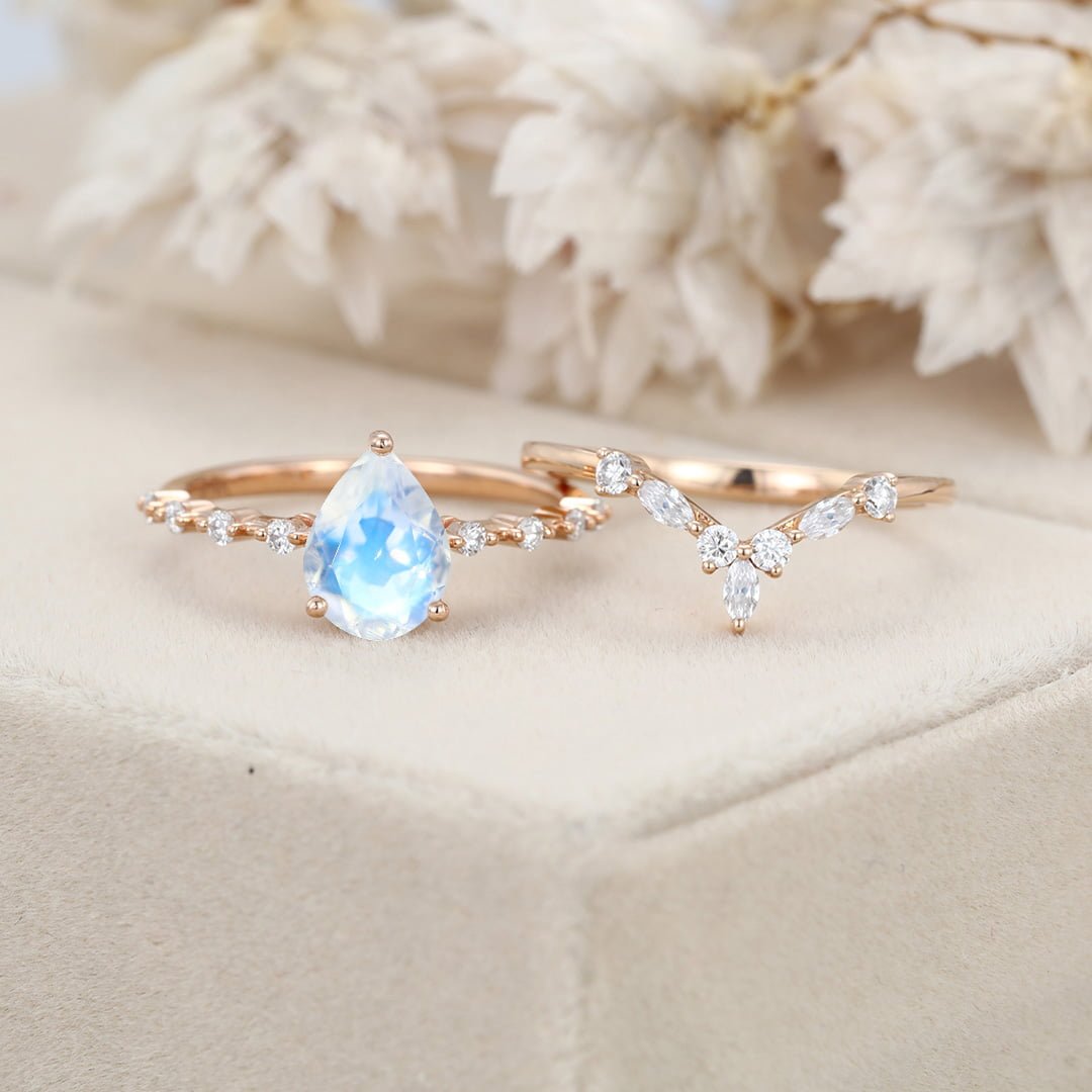 Pear shaped Moonstone engagement ring set Rose gold moissanite engagement ring Cluster ring women vintage Marquise diamond Bridal Anniversary gift