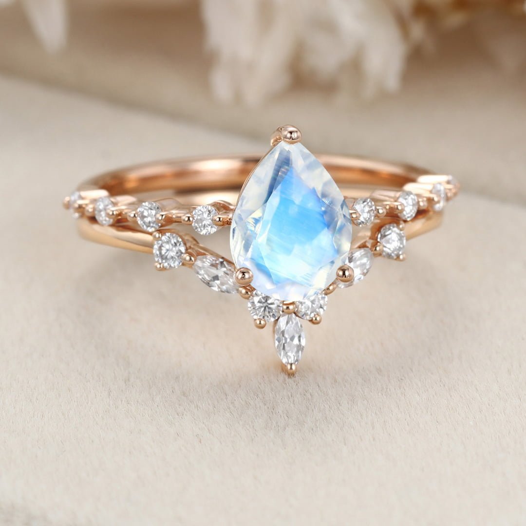 Pear shaped Moonstone engagement ring set Rose gold moissanite engagement ring Cluster ring women vintage Marquise diamond Bridal Anniversary gift