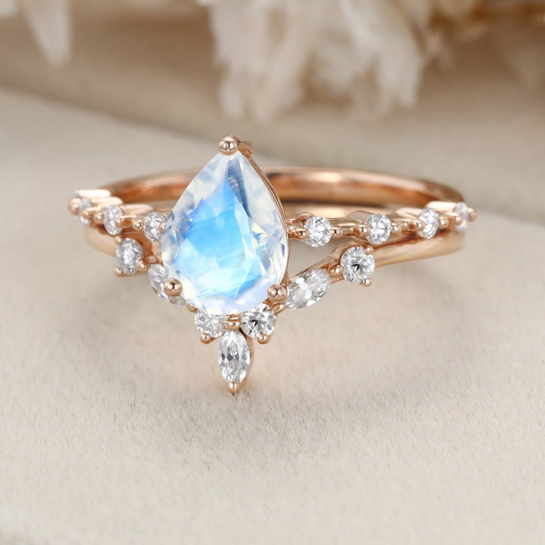 Pear shaped Moonstone engagement ring set Rose gold moissanite engagement ring Cluster ring women vintage Marquise diamond Bridal Anniversary gift