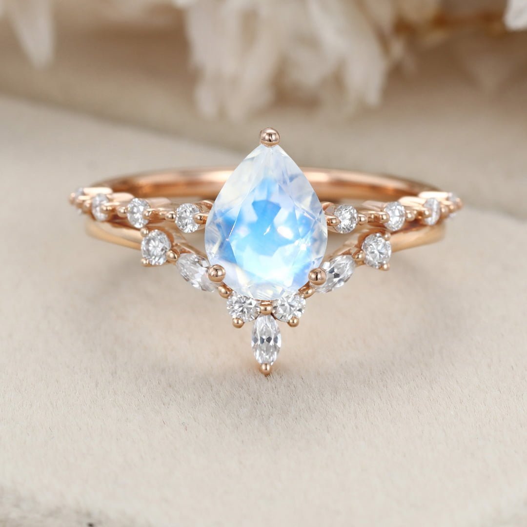 Pear shaped Moonstone engagement ring set Rose gold moissanite engagement ring Cluster ring women vintage Marquise diamond Bridal Anniversary gift