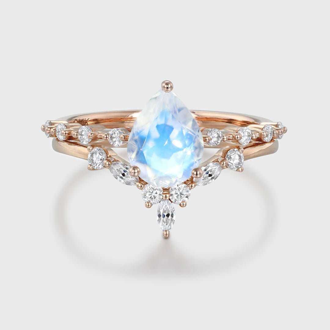 Pear shaped Moonstone engagement ring set Rose gold moissanite engagement ring Cluster ring women vintage Marquise diamond Bridal Anniversary gift