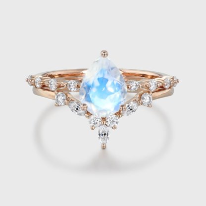 Pear shaped Moonstone engagement ring set Rose gold moissanite engagement ring Cluster ring women vintage Marquise diamond Bridal Anniversary gift