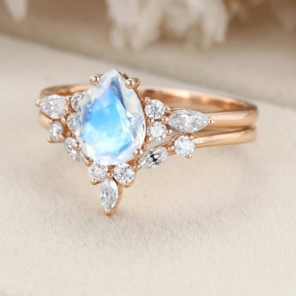 Pear shaped Moonstone engagement ring set Vintage Rose gold moissanite ring Unique marquise diamond wedding ring Bridal Anniversary gift