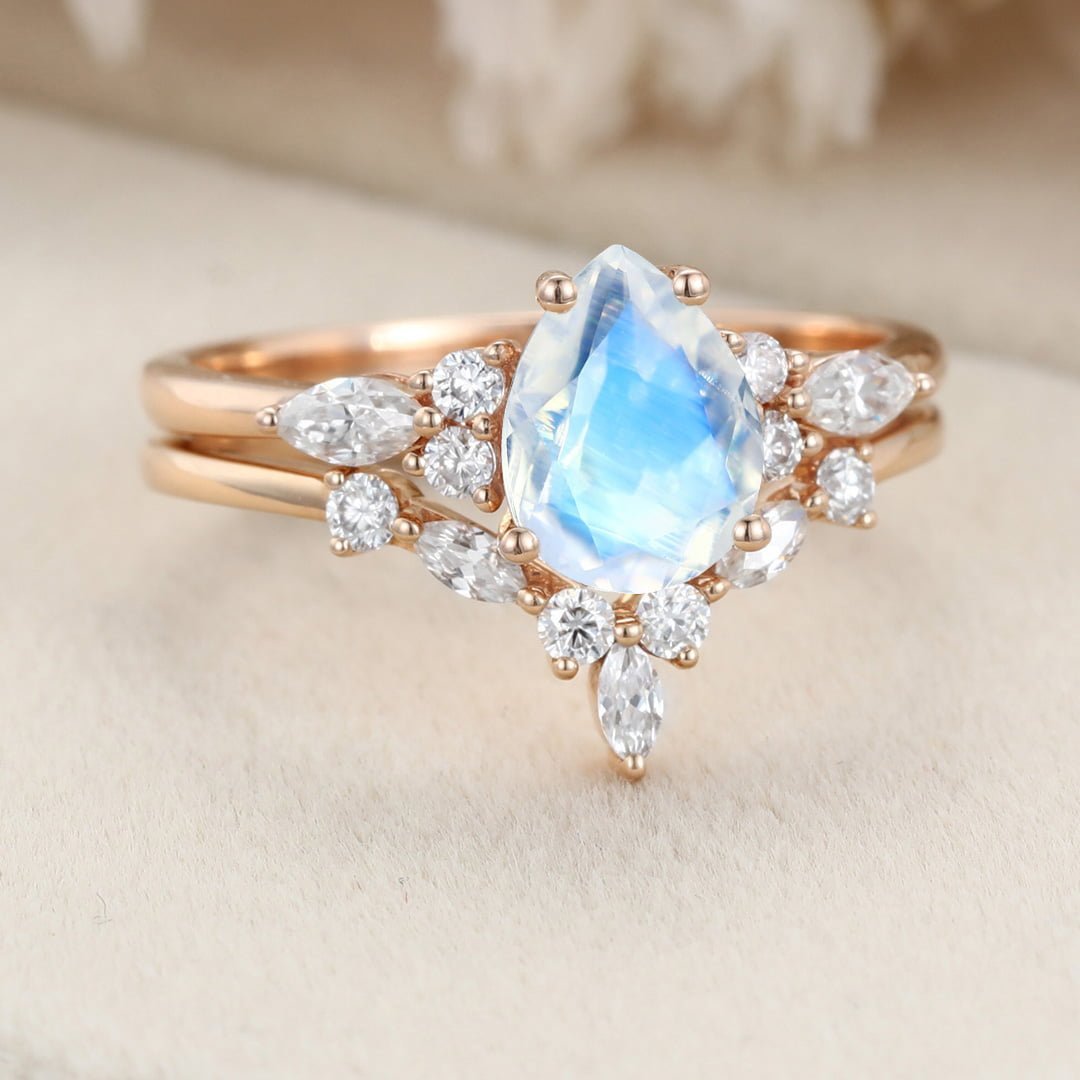 Pear shaped Moonstone engagement ring set Vintage Rose gold moissanite ring Unique marquise diamond wedding ring Bridal Anniversary gift