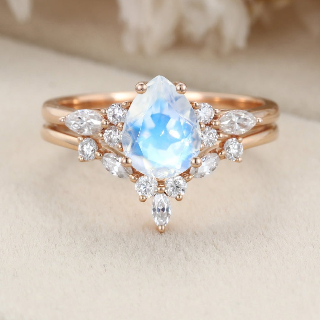 Pear shaped Moonstone engagement ring set Vintage Rose gold moissanite ring Unique marquise diamond wedding ring Bridal Anniversary gift