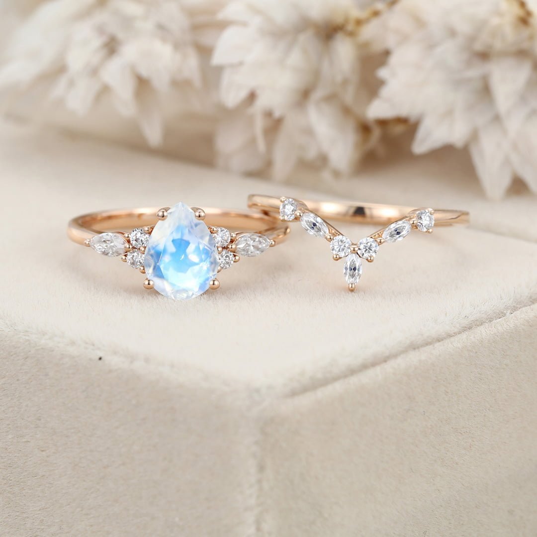 Pear shaped Moonstone engagement ring set Vintage Rose gold moissanite ring Unique marquise diamond wedding ring Bridal Anniversary gift