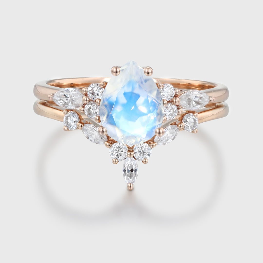 Pear shaped Moonstone engagement ring set Vintage Rose gold moissanite ring Unique marquise diamond wedding ring Bridal Anniversary gift