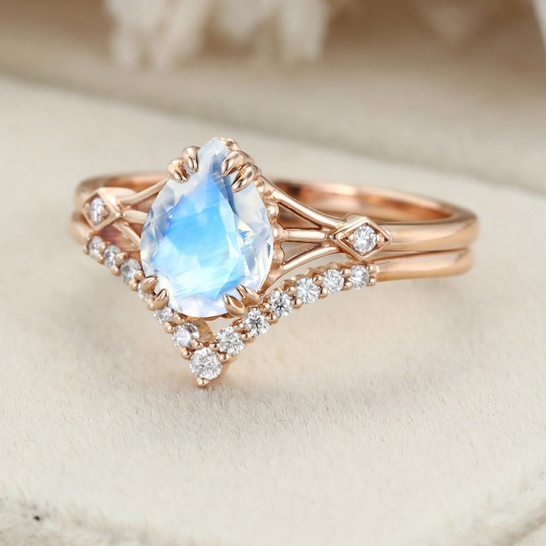 Pear shaped Moonstone engagement ring set Vintage unique Diamond Cluster Rose gold engagement ring women wedding Promise gift