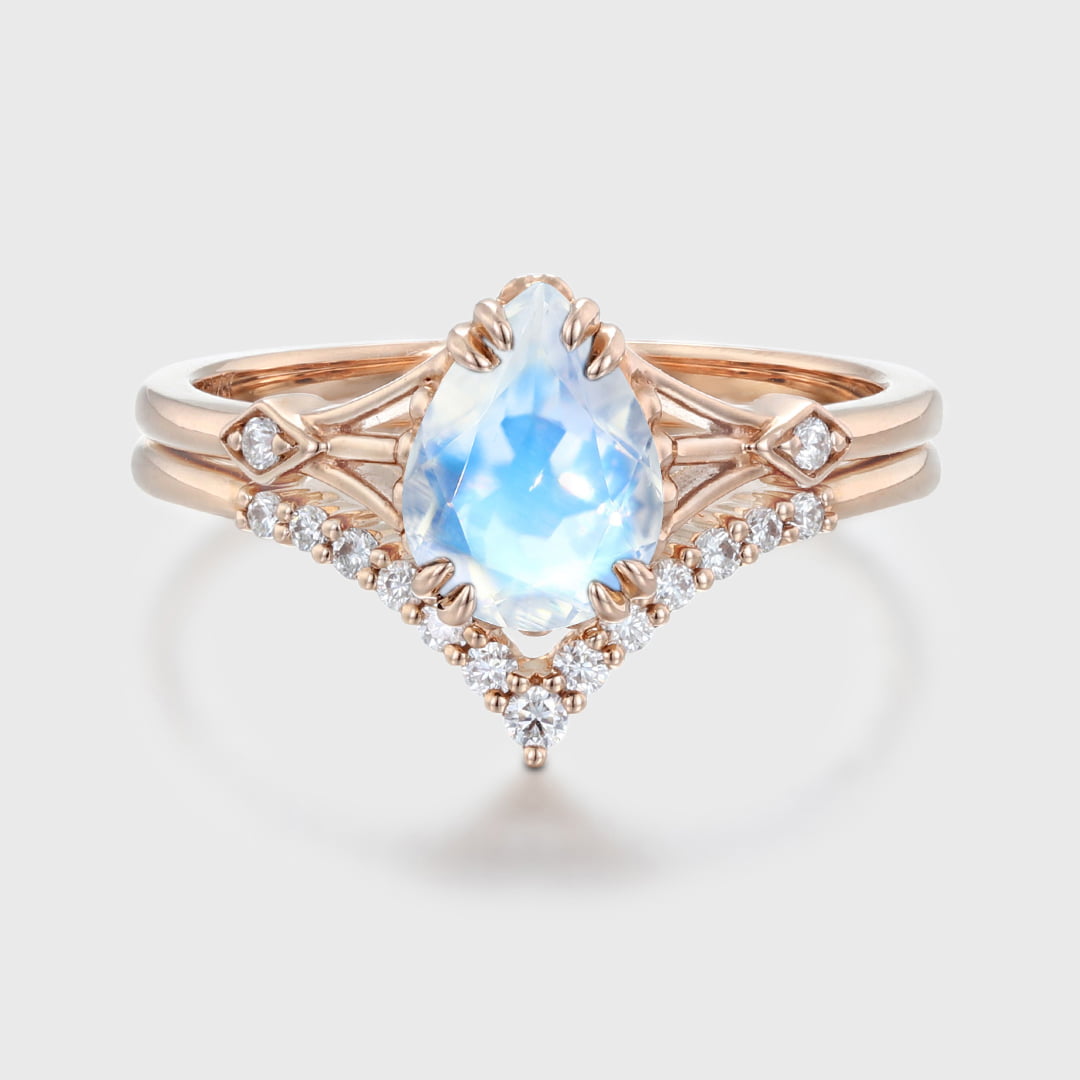 Pear shaped Moonstone engagement ring set Vintage unique Diamond Cluster Rose gold engagement ring women wedding Promise gift