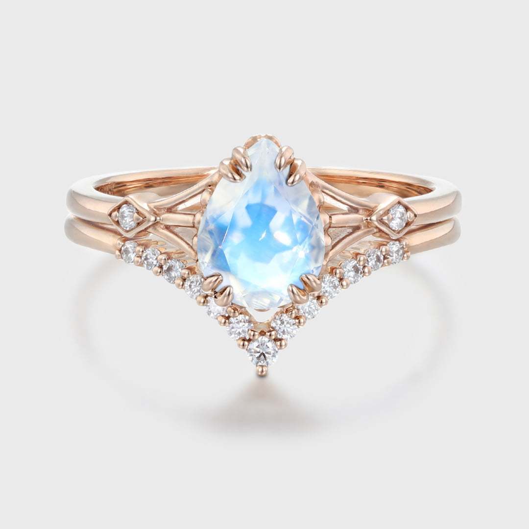 Pear shaped Moonstone engagement ring set Vintage unique Diamond Cluster Rose gold engagement ring women wedding Promise gift
