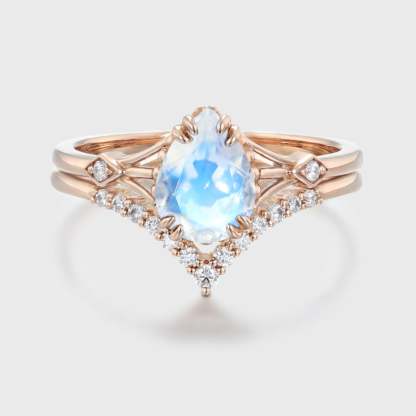 Pear shaped Moonstone engagement ring set Vintage unique Diamond Cluster Rose gold engagement ring women wedding Promise gift