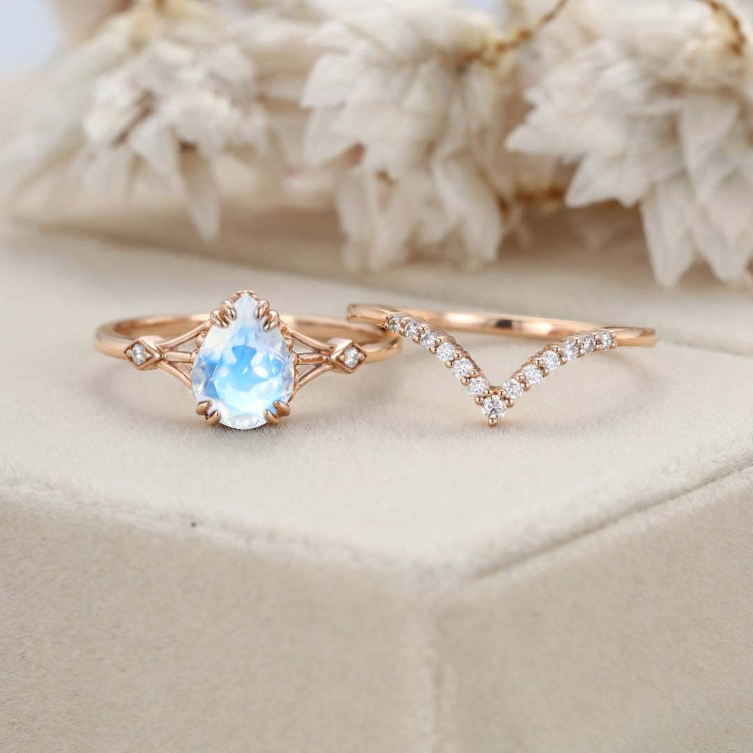 Pear shaped Moonstone engagement ring set Vintage unique Diamond Cluster Rose gold engagement ring women wedding Promise gift