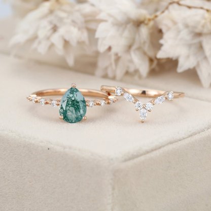 Pear shaped Moss Agaet engagement ring set Rose gold moissanite engagement ring art deco diamond ring curved wedding band Bridal Anniversary gift
