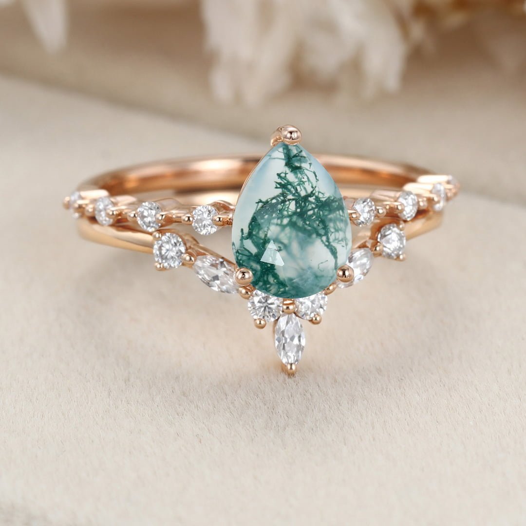 Pear shaped Moss Agaet engagement ring set Rose gold moissanite engagement ring art deco diamond ring curved wedding band Bridal Anniversary gift
