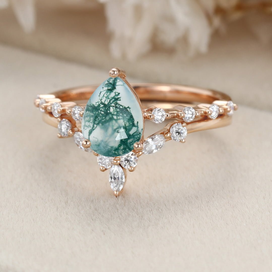 Pear shaped Moss Agaet engagement ring set Rose gold moissanite engagement ring art deco diamond ring curved wedding band Bridal Anniversary gift