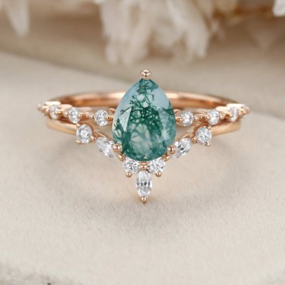 Pear shaped Moss Agaet engagement ring set Rose gold moissanite engagement ring art deco diamond ring curved wedding band Bridal Anniversary gift