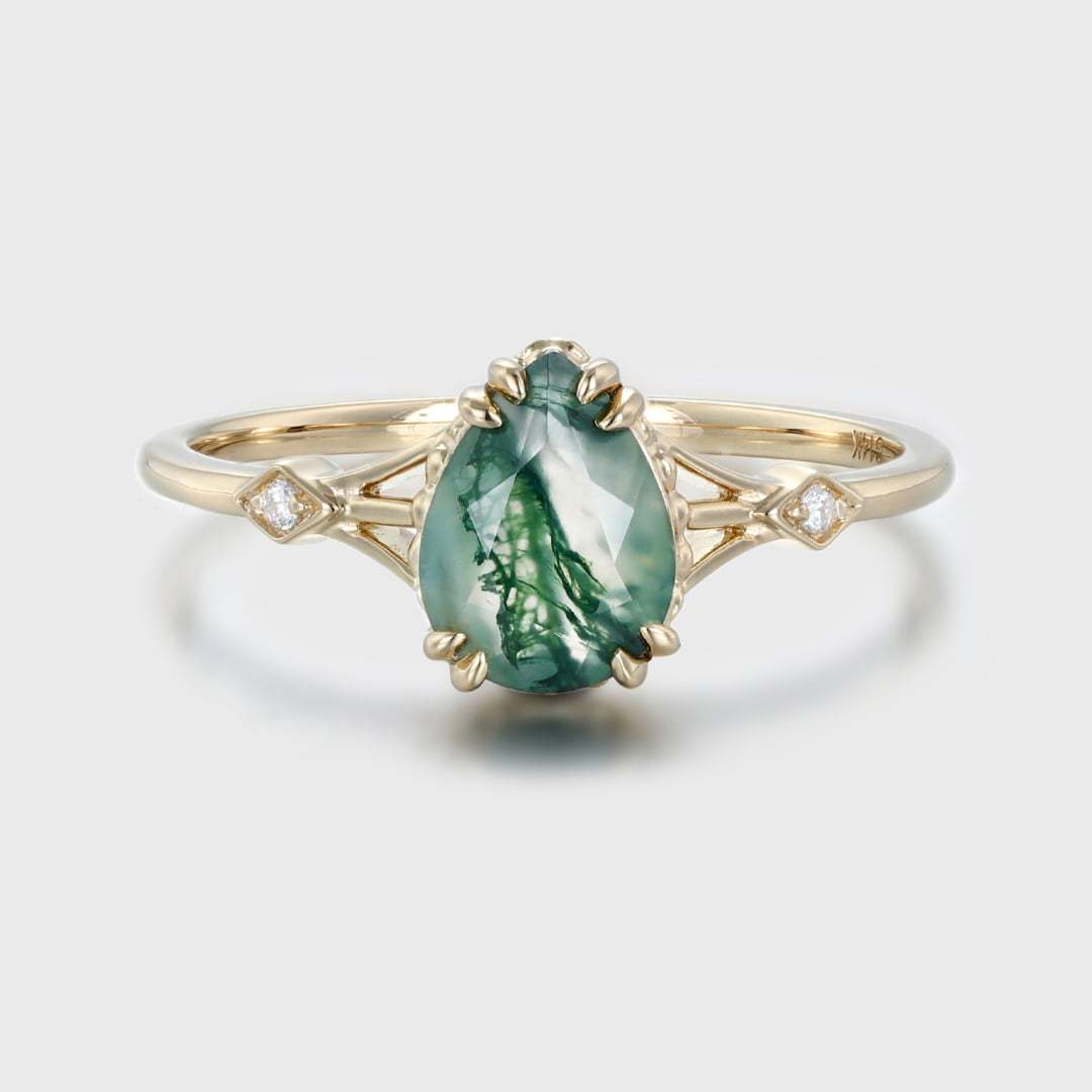 Pear shaped Moss Agate engagement ring Yellow gold engagement ring Vintage diamond engagement ring art deco ring Bridal promise Anniversary