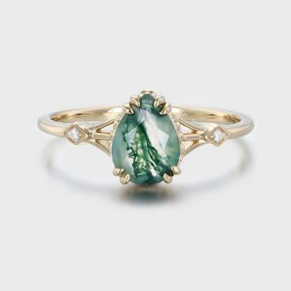 Pear shaped Moss Agate engagement ring Yellow gold engagement ring Vintage diamond engagement ring art deco ring Bridal promise Anniversary