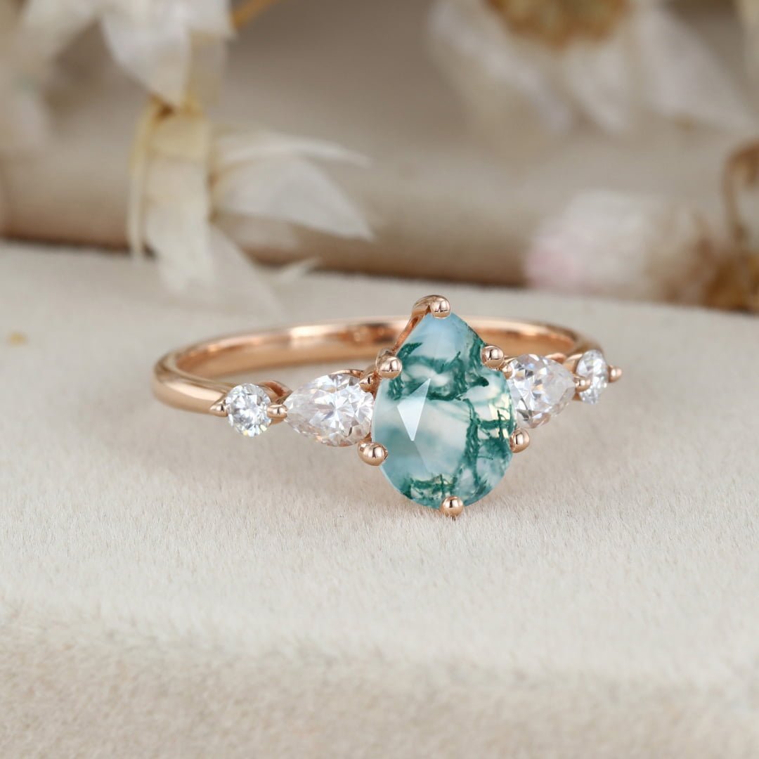 Pear shaped Natural Moss Agate engagement ring vintage Rose gold engagement ring women Diamond wedding Bridal Anniversary gift