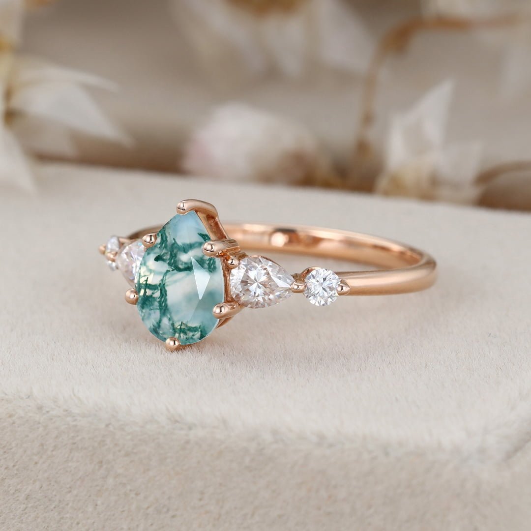Pear shaped Natural Moss Agate engagement ring vintage Rose gold engagement ring women Diamond wedding Bridal Anniversary gift