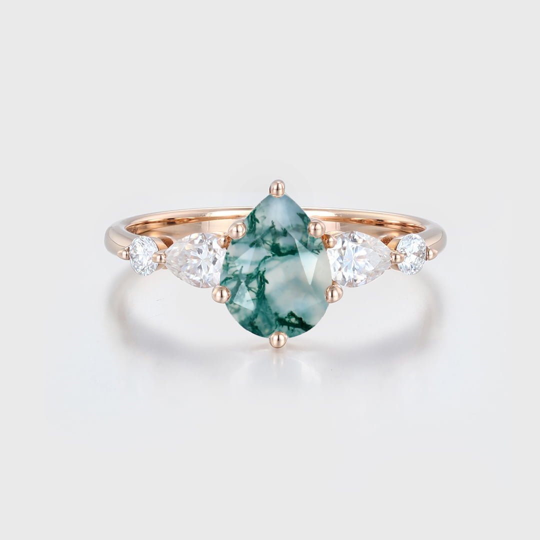 Pear shaped Natural Moss Agate engagement ring vintage Rose gold engagement ring women Diamond wedding Bridal Anniversary gift