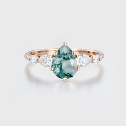 Pear shaped Natural Moss Agate engagement ring vintage Rose gold engagement ring women Diamond wedding Bridal Anniversary gift