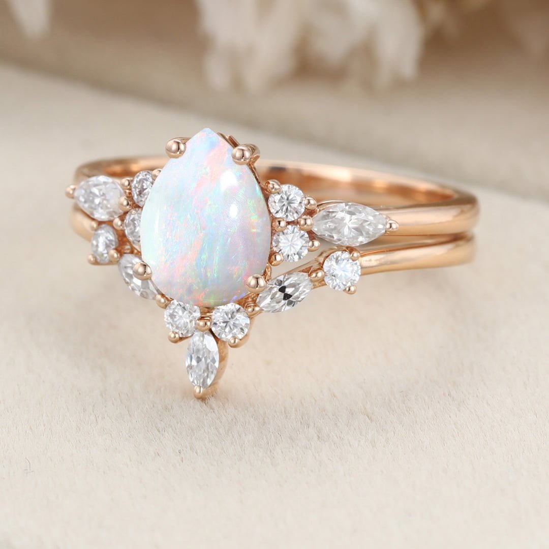 Pear shaped Opal engagement ring set Rose gold Marquise Moissanite ring Vintage art deco engagement ring Promise Anniversary gift