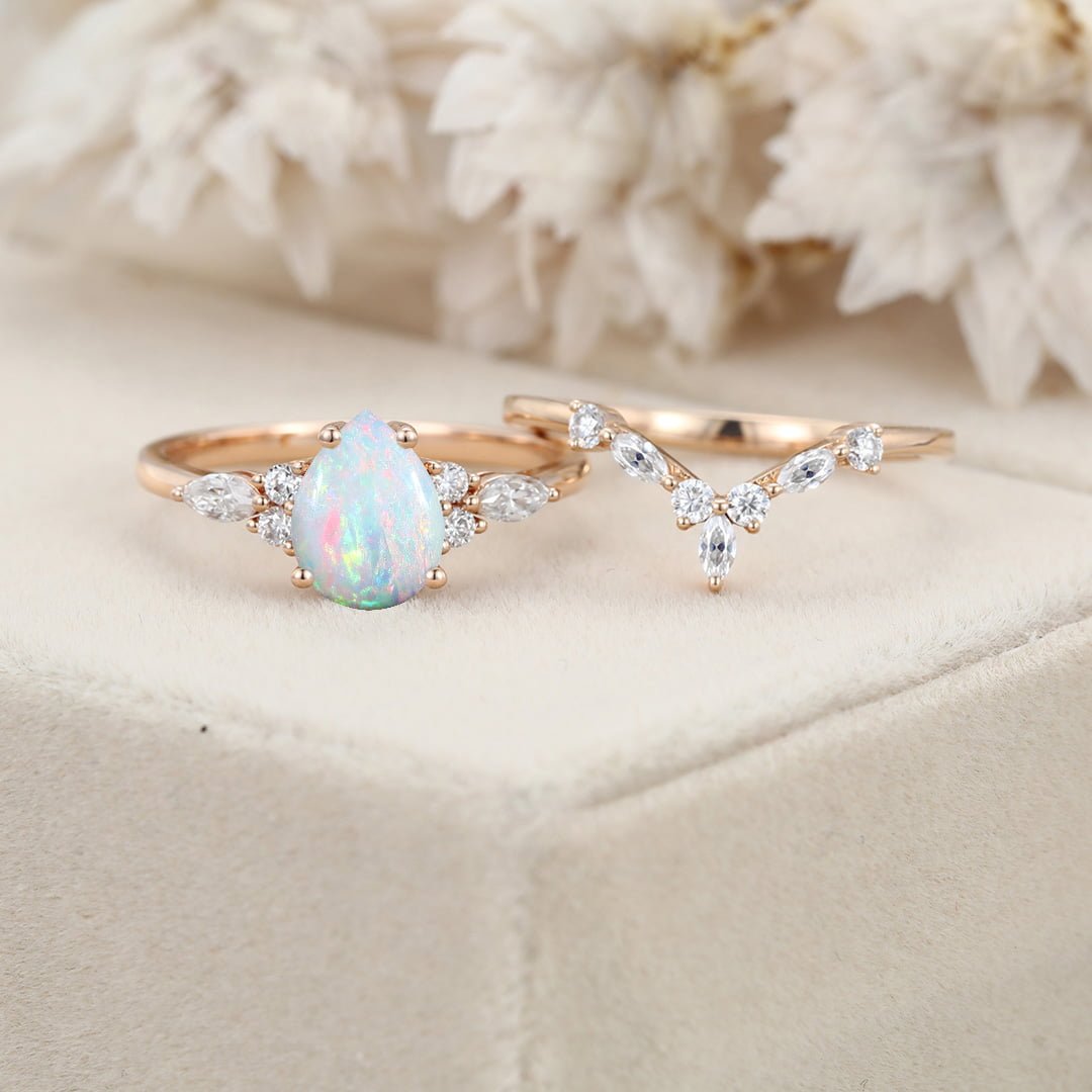 Pear shaped Opal engagement ring set Rose gold Marquise Moissanite ring Vintage art deco engagement ring Promise Anniversary gift