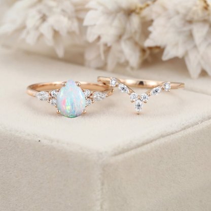 Pear shaped Opal engagement ring set Rose gold Marquise Moissanite ring Vintage art deco engagement ring Promise Anniversary gift