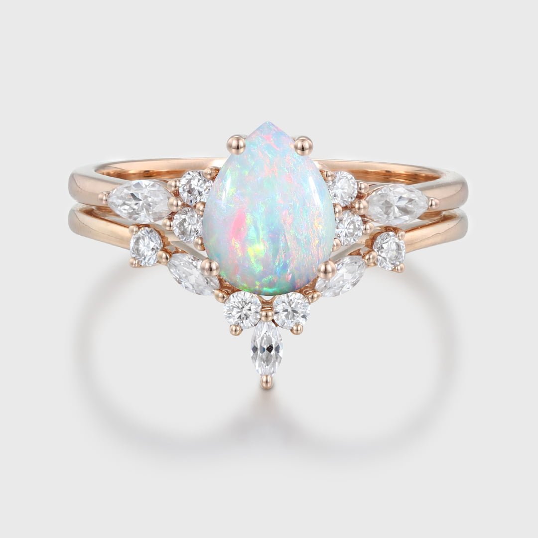 Pear shaped Opal engagement ring set Rose gold Marquise Moissanite ring Vintage art deco engagement ring Promise Anniversary gift