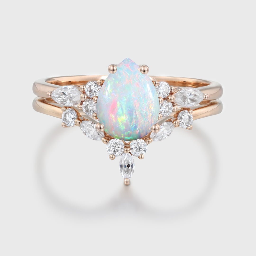 Pear shaped Opal engagement ring set Rose gold Marquise Moissanite ring Vintage art deco engagement ring Promise Anniversary gift