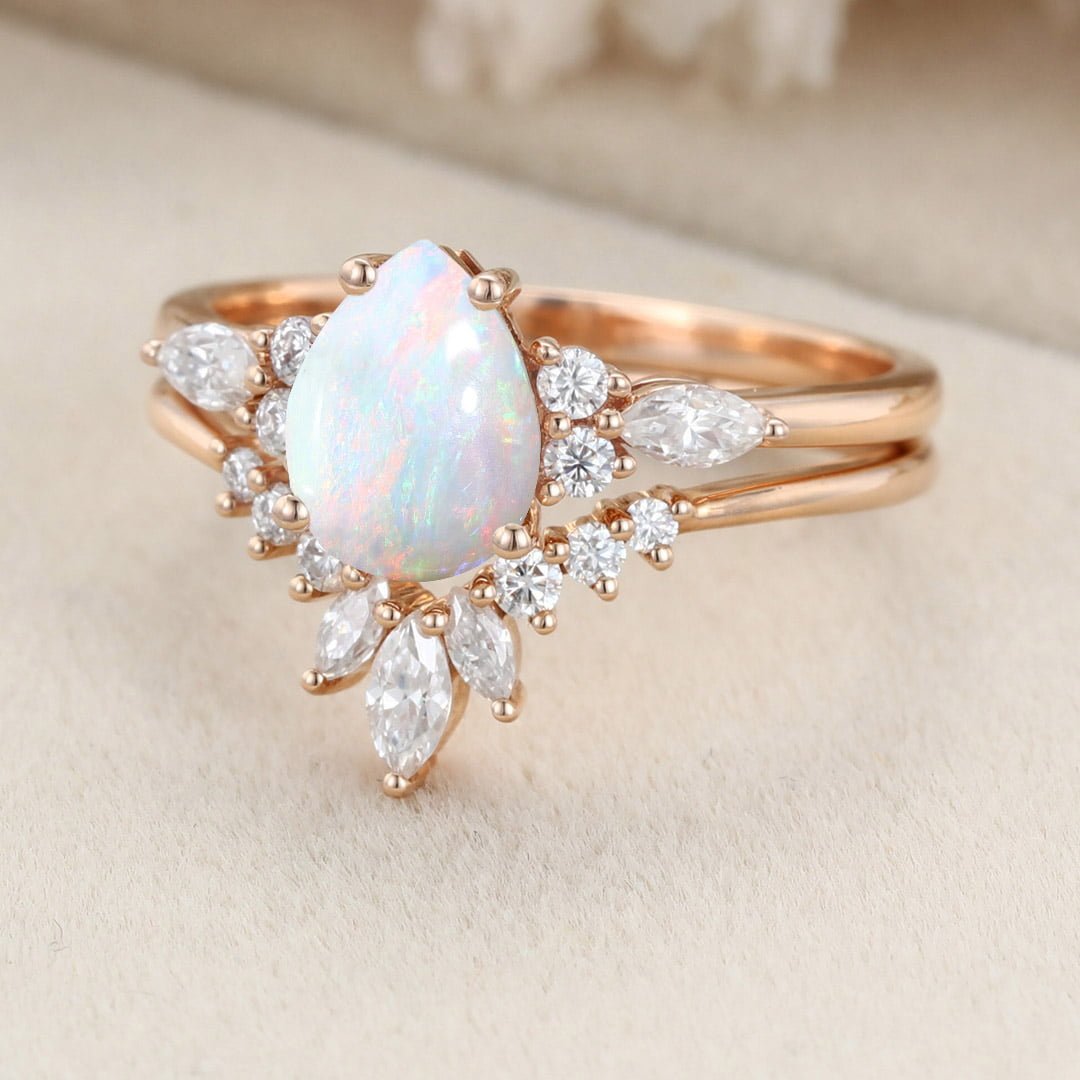 Pear shaped Opal engagement ring set Unique vintage rose gold bridal set Antique Marquise cut Diamond ring set Promise Anniversary gift