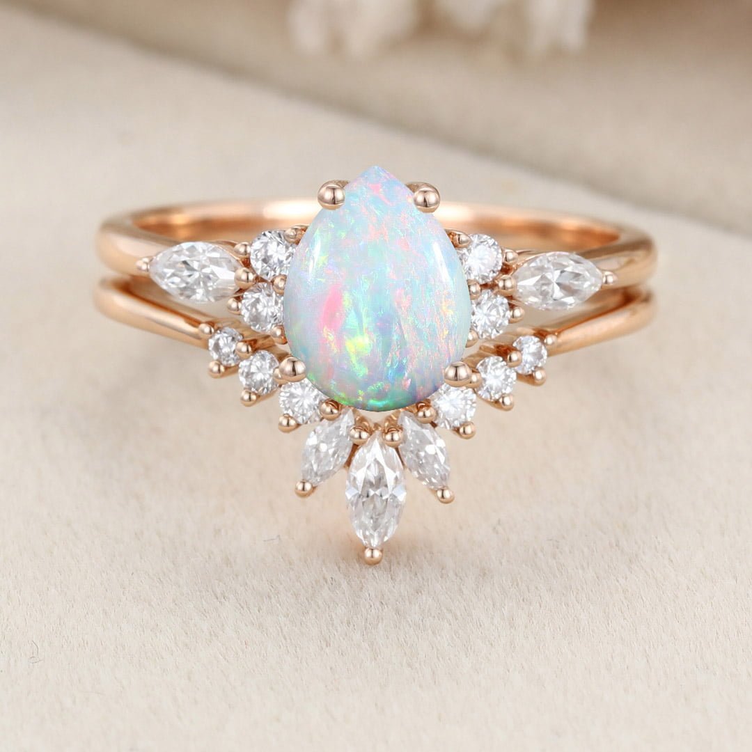 Pear shaped Opal engagement ring set Unique vintage rose gold bridal set Antique Marquise cut Diamond ring set Promise Anniversary gift