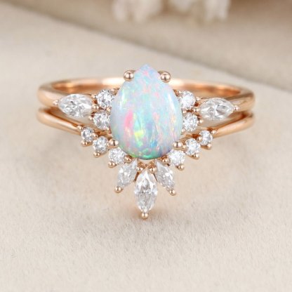 Pear shaped Opal engagement ring set Unique vintage rose gold bridal set Antique Marquise cut Diamond ring set Promise Anniversary gift