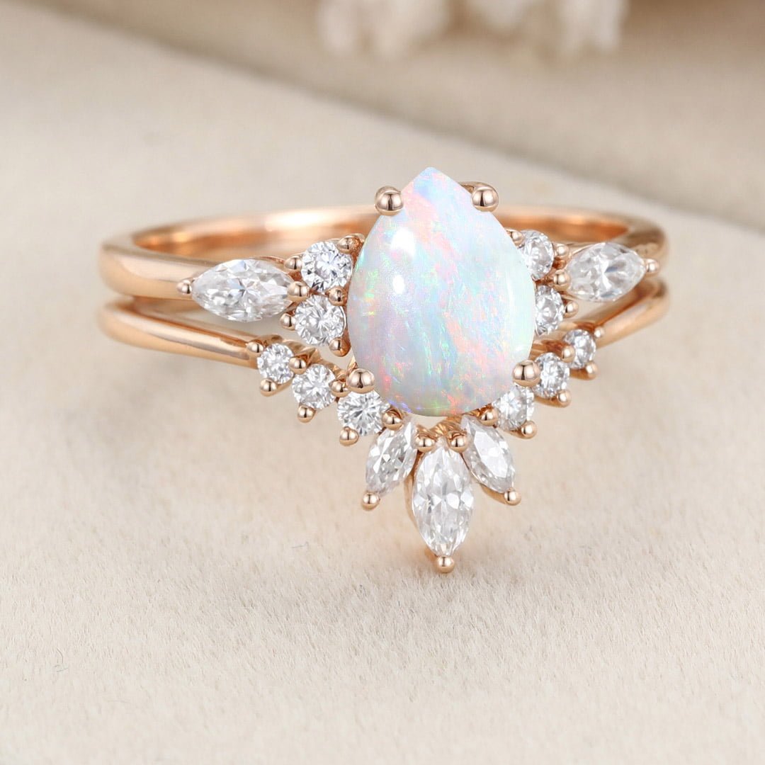 Pear shaped Opal engagement ring set Unique vintage rose gold bridal set Antique Marquise cut Diamond ring set Promise Anniversary gift