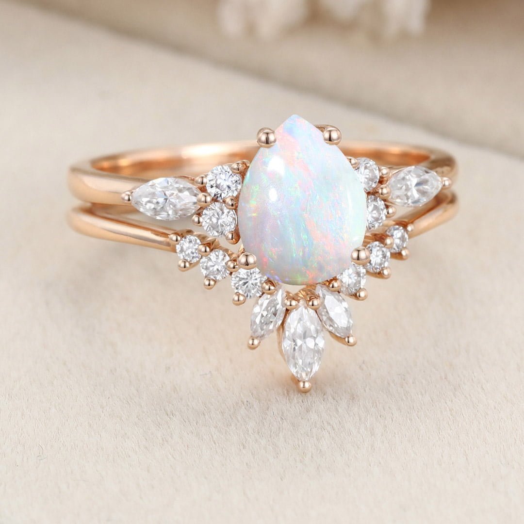 Pear shaped Opal engagement ring set Unique vintage rose gold bridal set Antique Marquise cut Diamond ring set Promise Anniversary gift