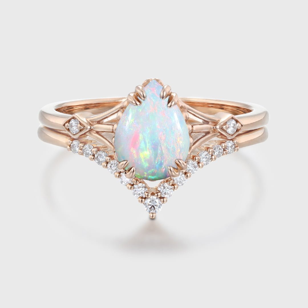Natural Pear Cut White Opal and Diamond Wedding Ring Set For Women Bridal set art deco Anniversary gift