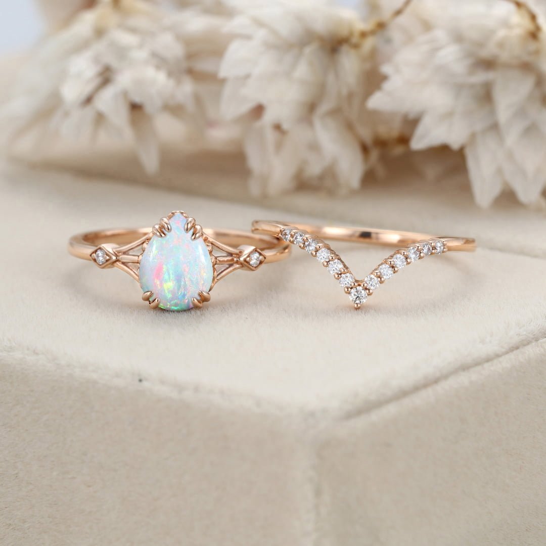 Pear shaped Opal engagement ring set Vintage rose gold engagement ring Moissanite Bridal set art deco Anniversary gift for women