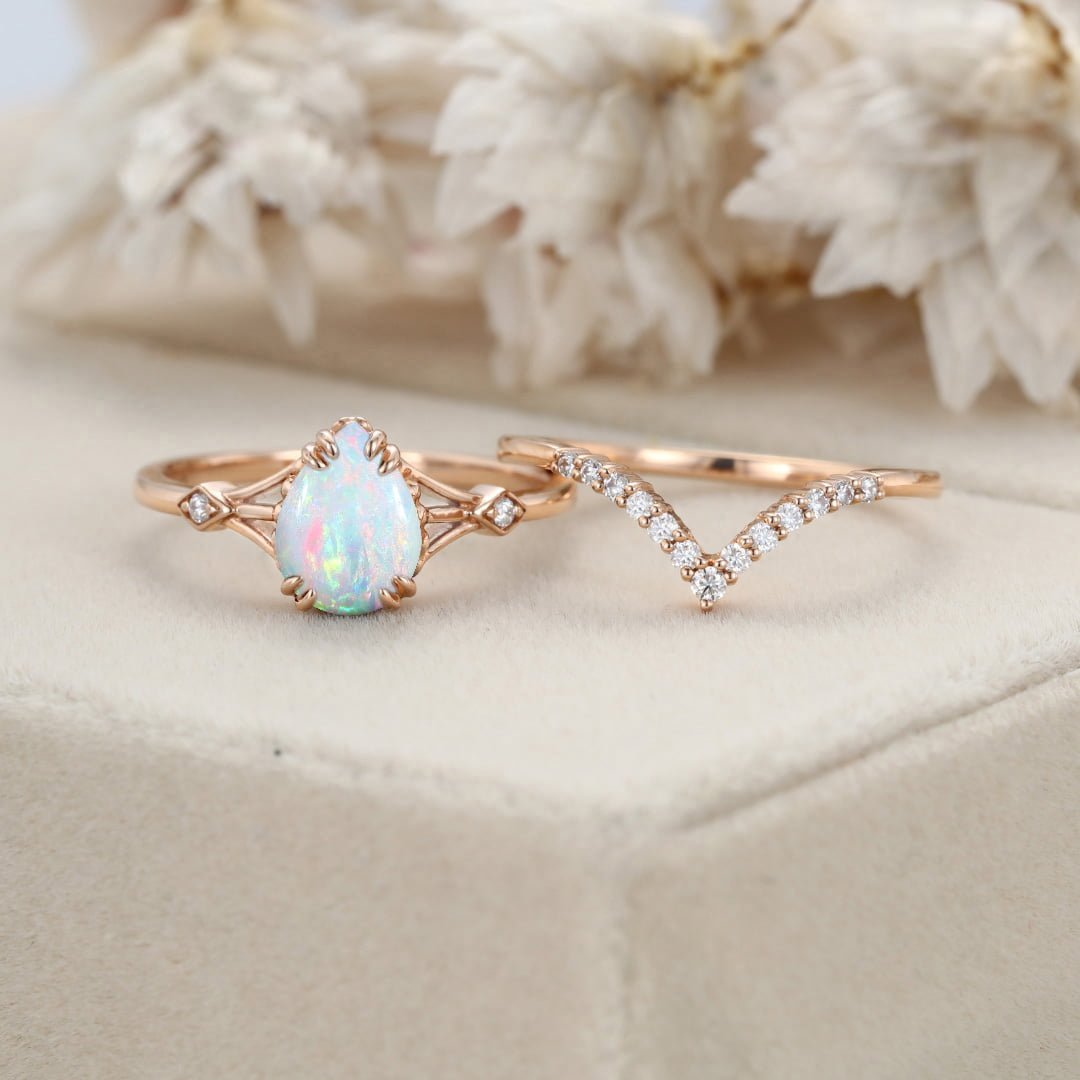 Pear shaped Opal engagement ring set Vintage rose gold engagement ring Moissanite Bridal set art deco Anniversary gift for women