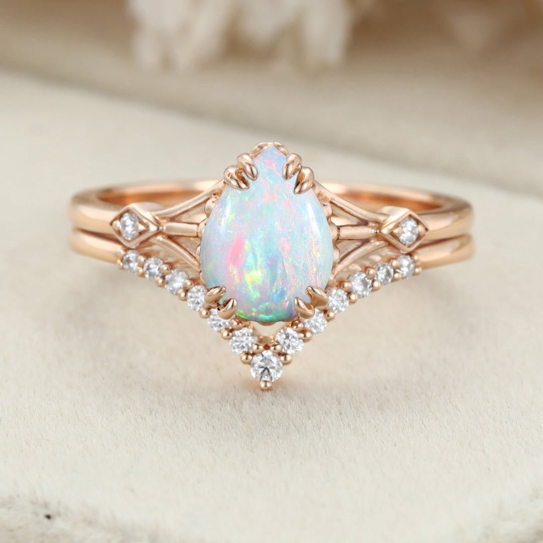 Pear shaped Opal engagement ring set Vintage rose gold engagement ring Moissanite Bridal set art deco Anniversary gift for women