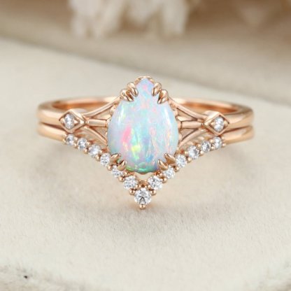 Pear shaped Opal engagement ring set Vintage rose gold engagement ring Moissanite Bridal set art deco Anniversary gift for women