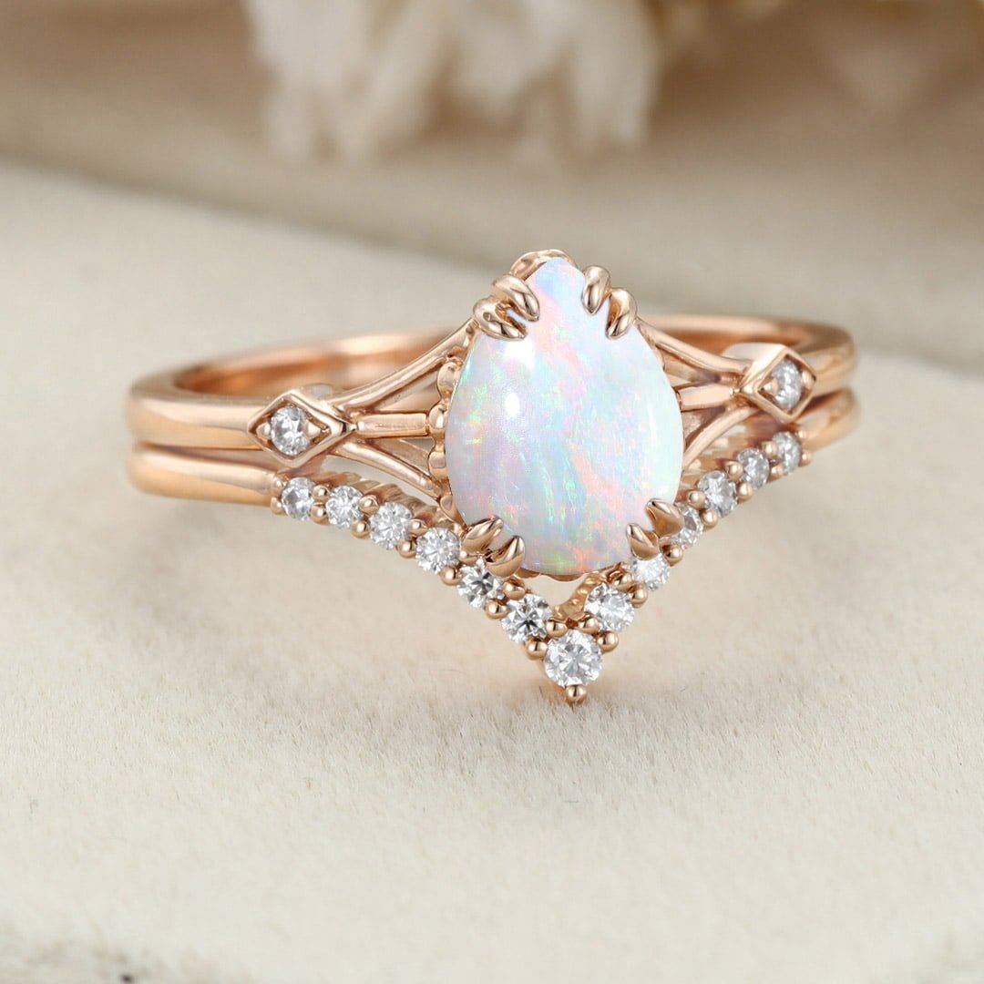 Pear shaped Opal engagement ring set Vintage rose gold engagement ring Moissanite Bridal set art deco Anniversary gift for women