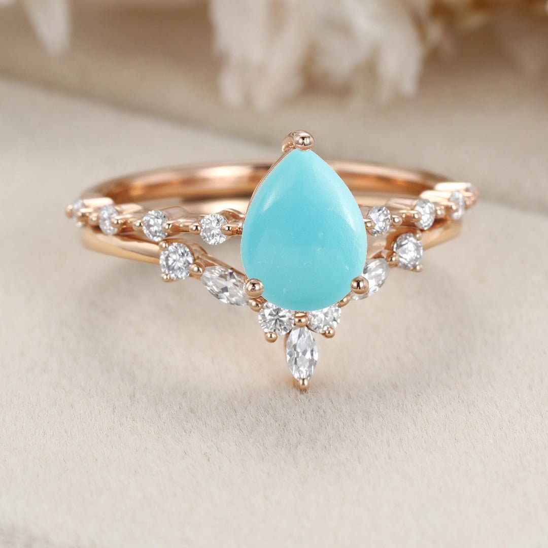 Pear shaped Turquoise engagement ring set Rose gold moissanite engagement ring curved wedding band Bridal Anniversary gift