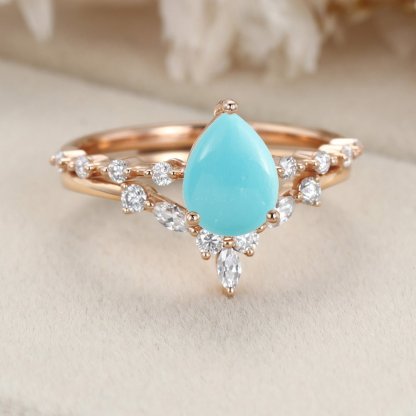 Pear shaped Turquoise engagement ring set Rose gold moissanite engagement ring curved wedding band Bridal Anniversary gift