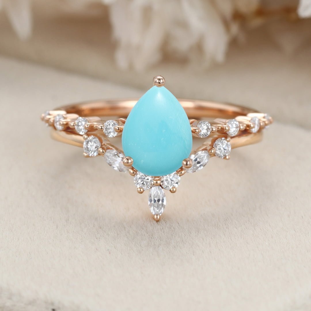 Pear shaped Turquoise engagement ring set Rose gold moissanite engagement ring curved wedding band Bridal Anniversary gift