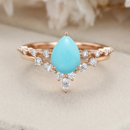 Pear shaped Turquoise engagement ring set Rose gold moissanite engagement ring curved wedding band Bridal Anniversary gift