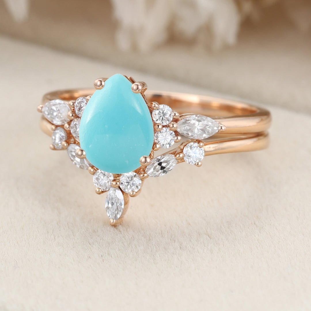 Pear shaped Turquoise engagement ring set Vintage Rose gold moissanite ring Unique marquise diamond wedding ring Bridal set Anniversary