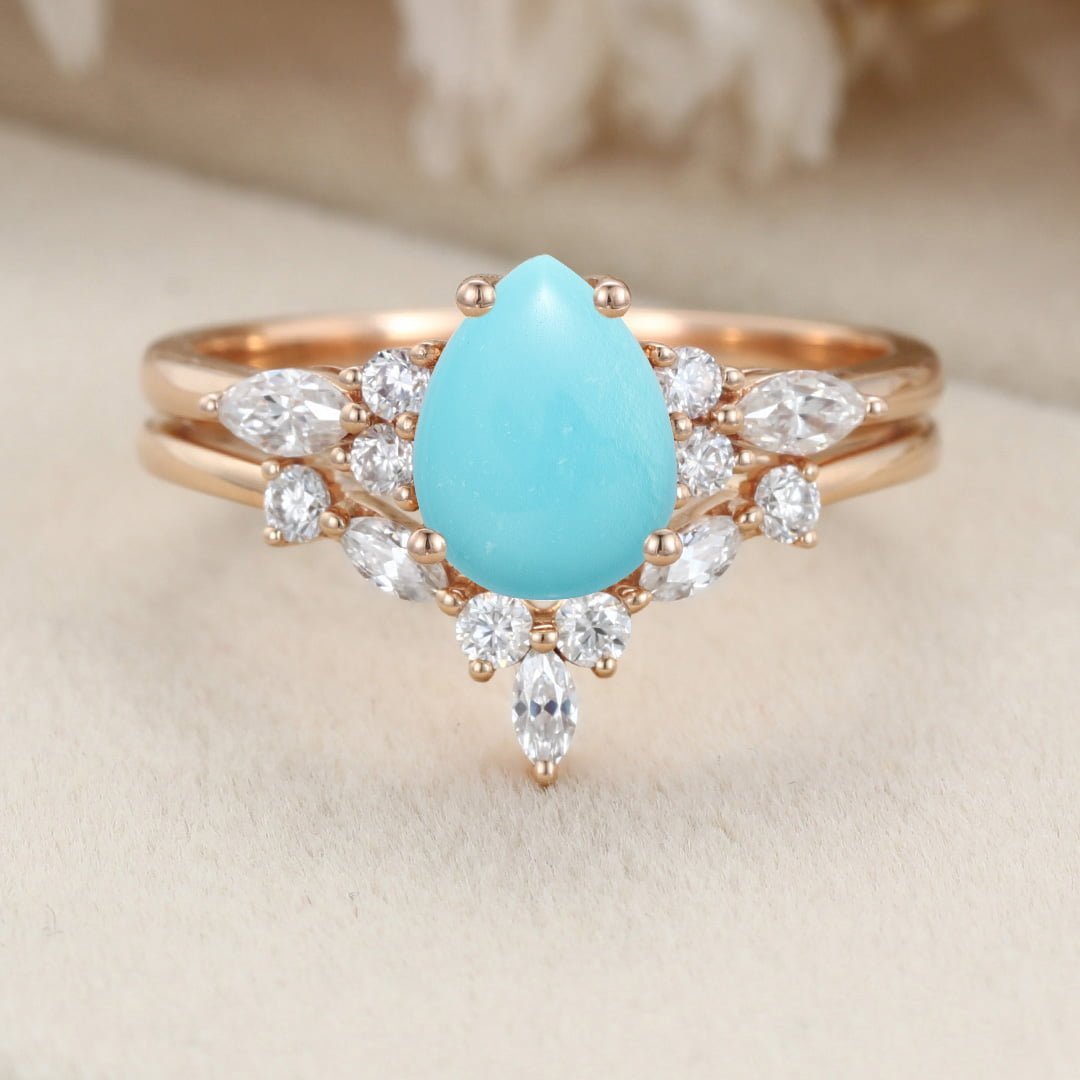 Pear shaped Turquoise engagement ring set Vintage Rose gold moissanite ring Unique marquise diamond wedding ring Bridal set Anniversary